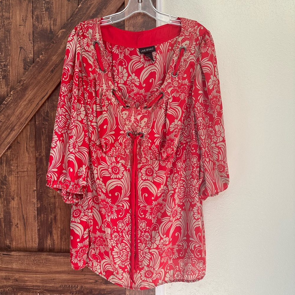Lane Bryant Red and Tan Satin look Floral Blouse.